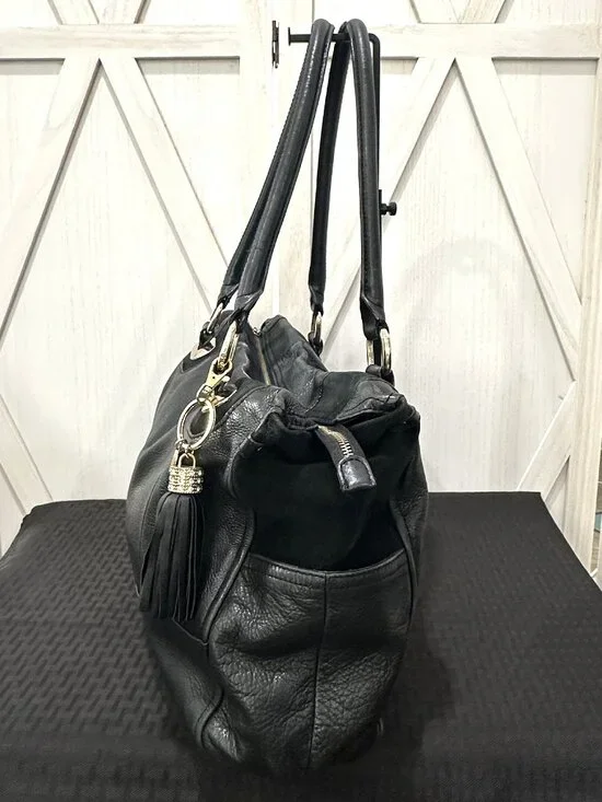 B. Makowsky Y2K Black Pebbled Leather Satchel Shoulder Bag Leopard Lining - Picture 4 of 9